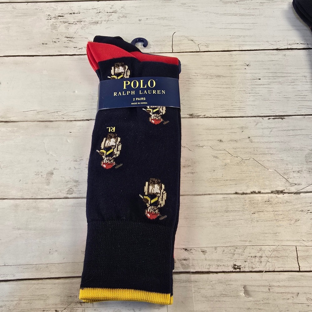NWT Polo Ralph Lauren Mens 2 Pack Crew Socks Navy Polo Bear & Red Striped Pony